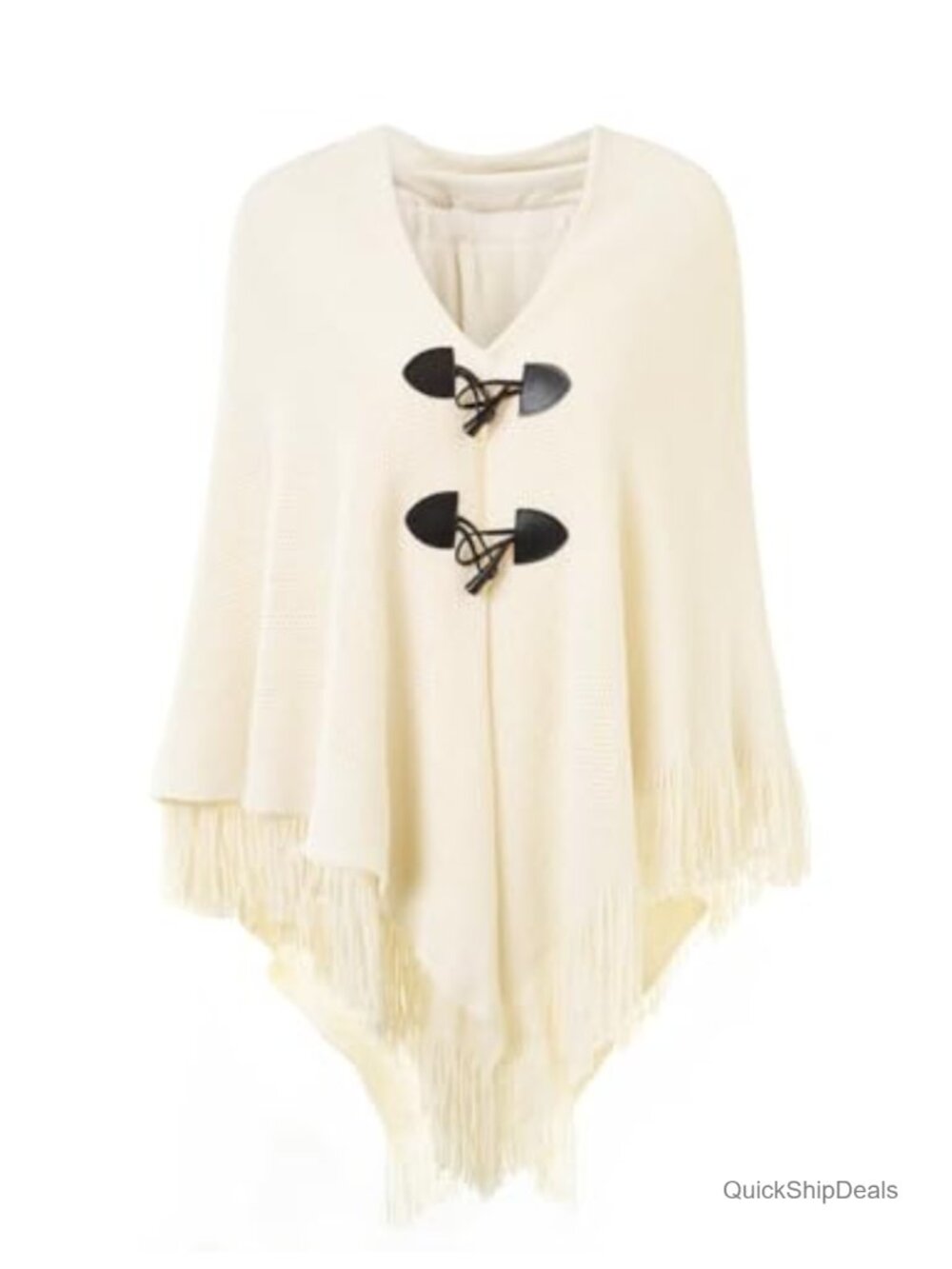 Women's Loose Fitting Poncho Shawl Cape with Horn Buttons, V Neckline, Fringe